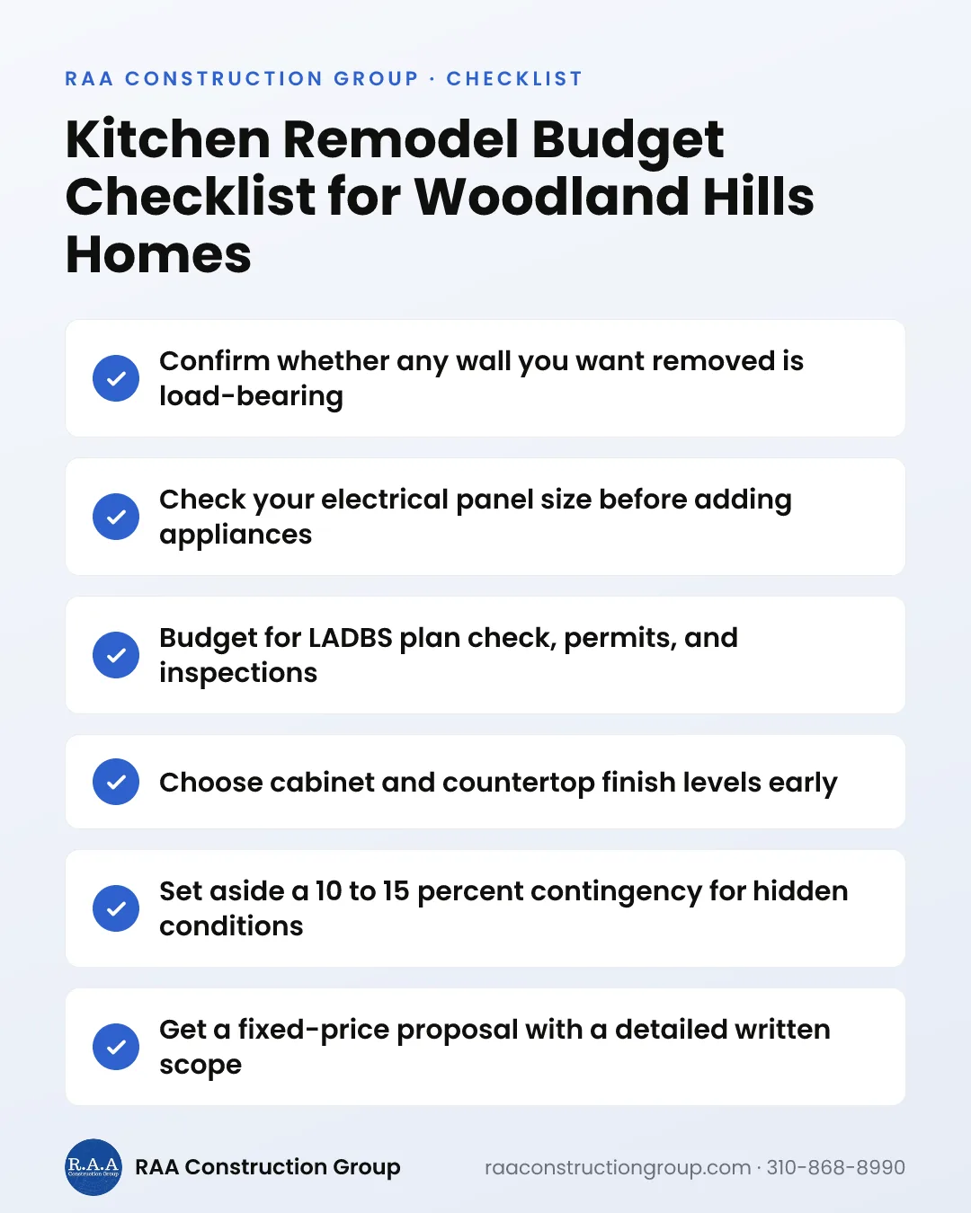 Checklist graphic listing six budget items to verify before starting a kitchen remodel in Woodland Hills.
